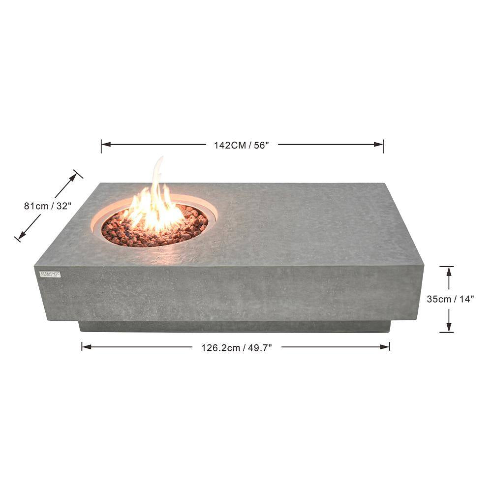 Metropolis Outdoor Fire Pit 56 In. X 32 In. Rectangular Concrete Propane Fire Table with Lava Rocks and Cover